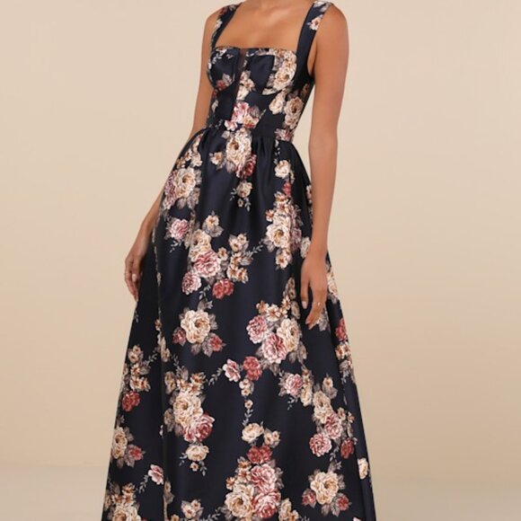 Lulus Elegant Pick Navy Blue Floral Sleeveless Bustier Maxi Dress - Size XL - Picture 1 of 1